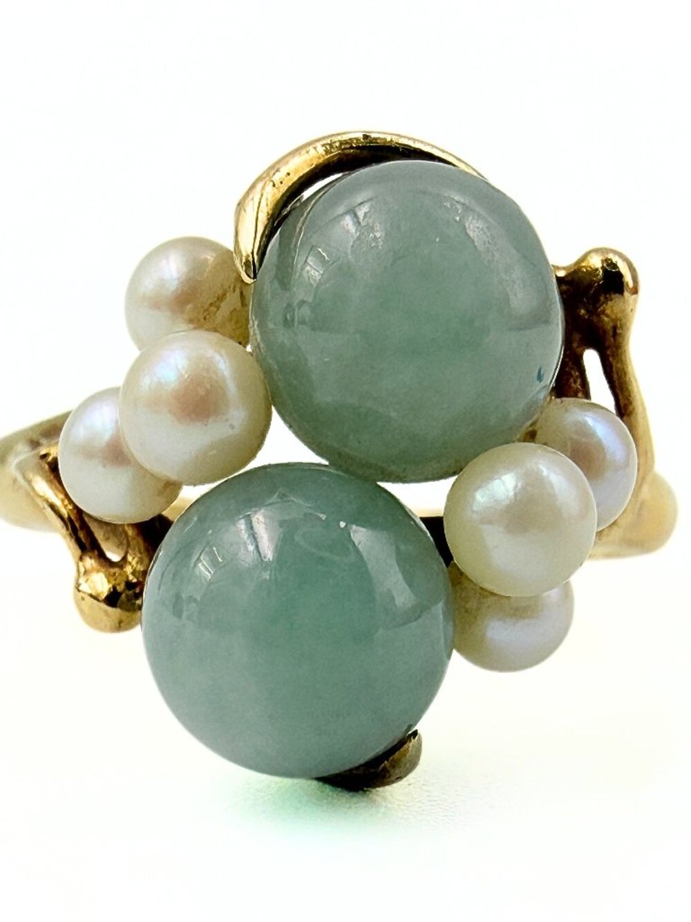 Ming's of Hawaii Marked 14k Gold Two(2) Stone Jade Jadeite Pearl Ring Sz 8
